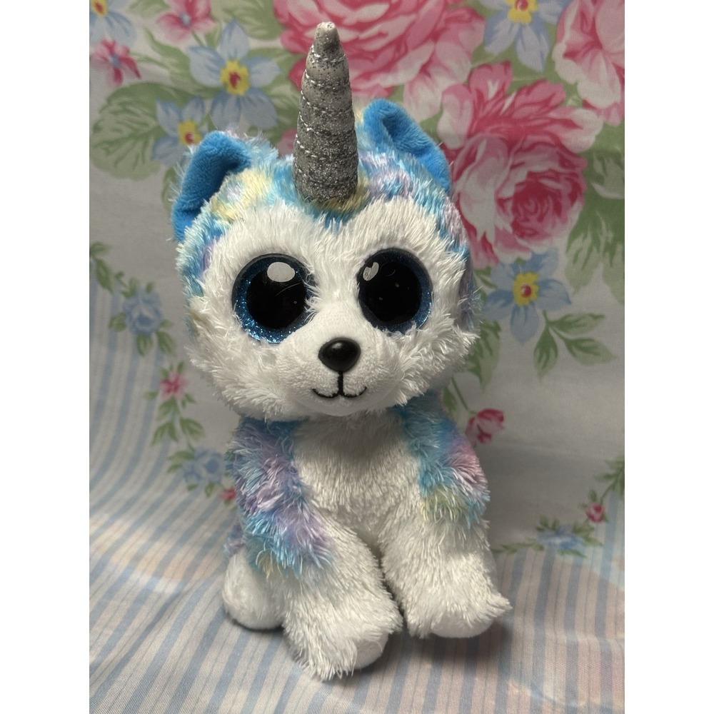 TY Beanie Boo Helena Husky Unicorn Plush 6" Blue White Pastel Sparkle Horn